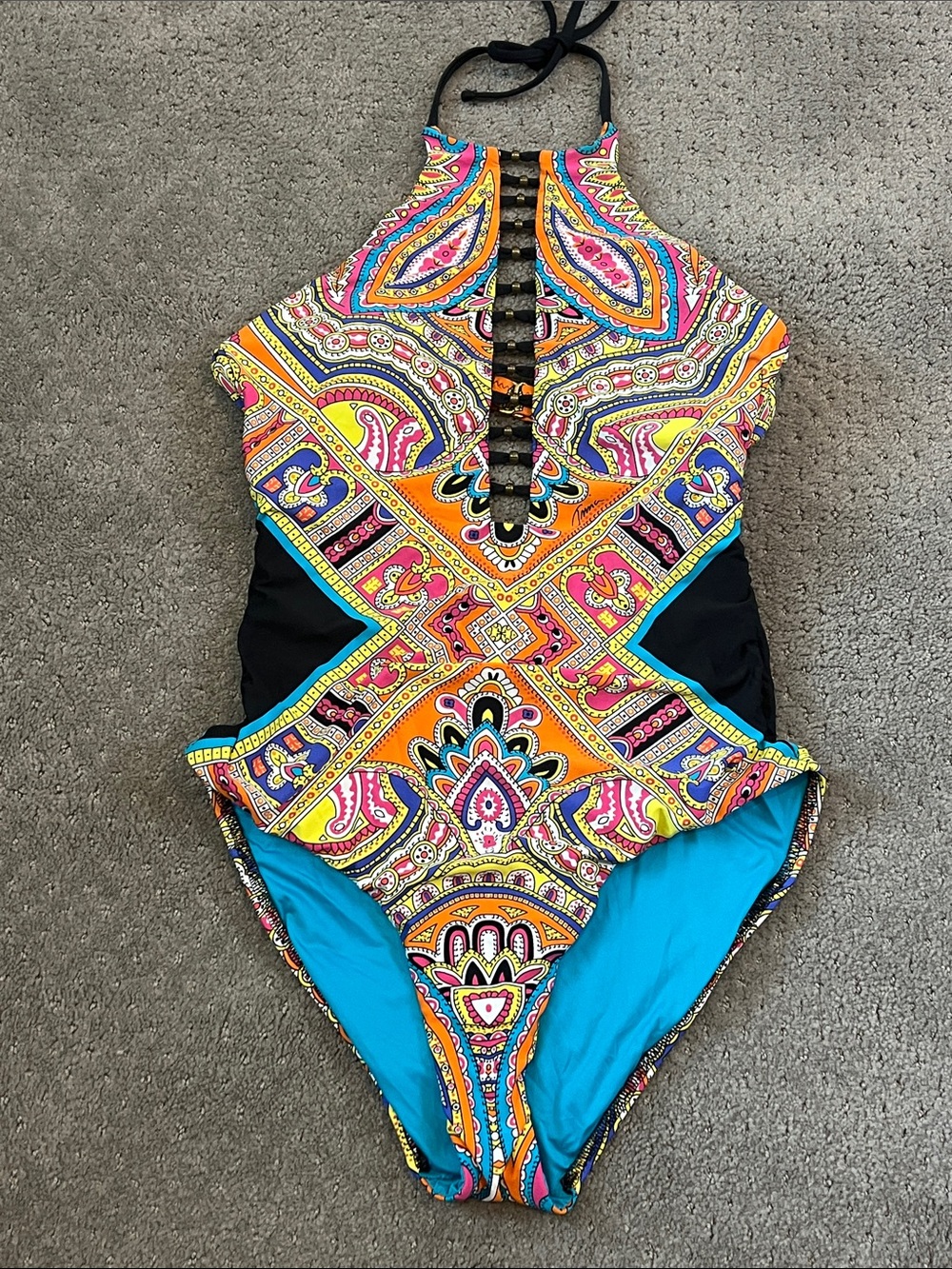Trina Turk Turquoise & Multicolor Paisley One-Piece Halter Swimsuit Size 6 - Picture 3 of 8